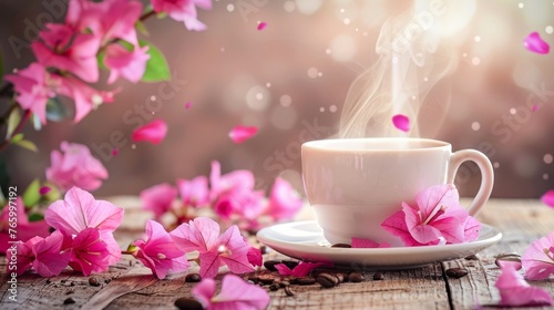 A magical cup of coffee or tea with beautiful flowers. 