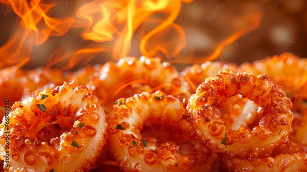 Perfectly fried crispy calamari rings, golden and tender, a delectable seafood delight Perfectly fried crispy calamari rings, golden and tender, a delectable seafood delight