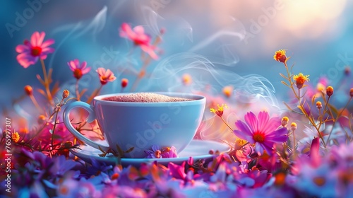 A magical cup of coffee or tea with beautiful flowers. 