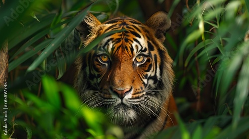 Tiger's eye, fiery and soulful, amidst dense jungle foliage, a glimpse into the wild © saichon