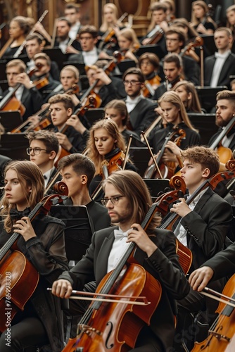 Symphonic orchestra performing classic concert on stage with professional musicians