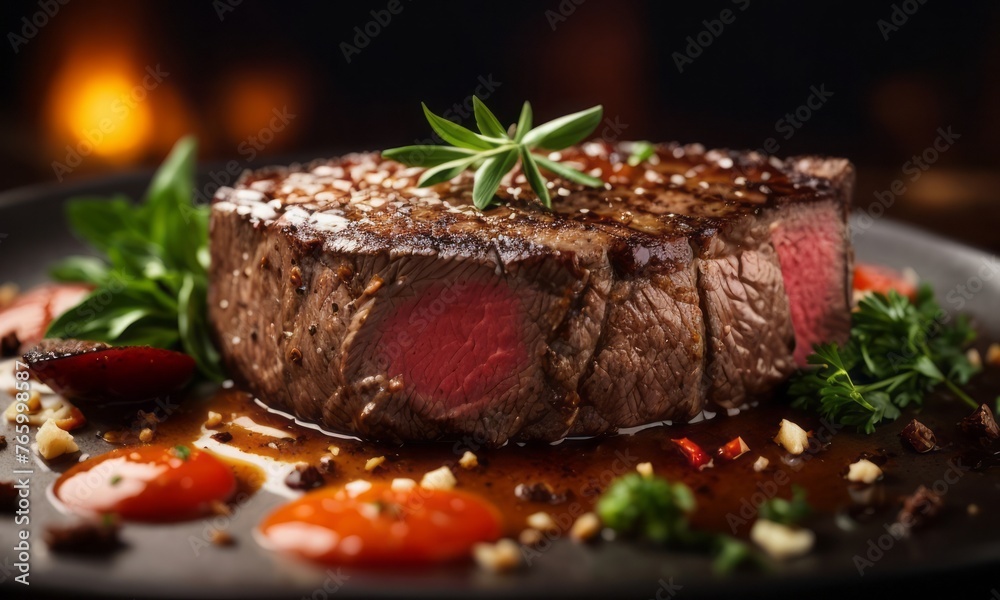 grilled steak with vegetables on plate ready to serve, delicious restaurant food menu