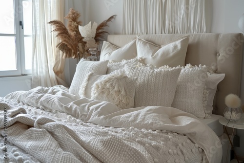 Luxury bedroom interior with white pillows on bed, closeup