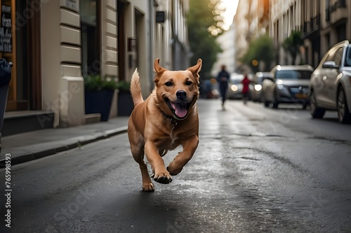 Little caramel dog running on a city street. Generated by AI.