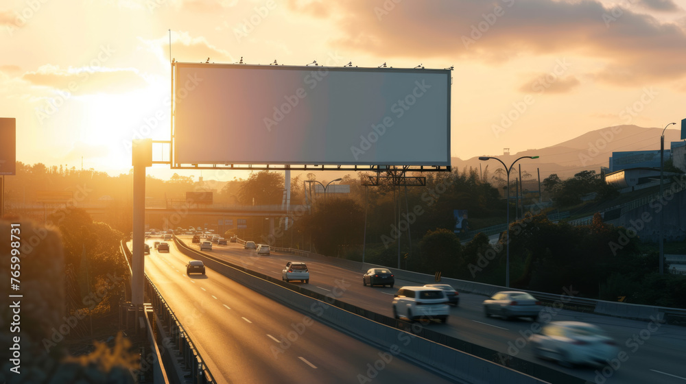 Empty Billboard During Daytime on Busy Road Business Traffic, Generative AI
