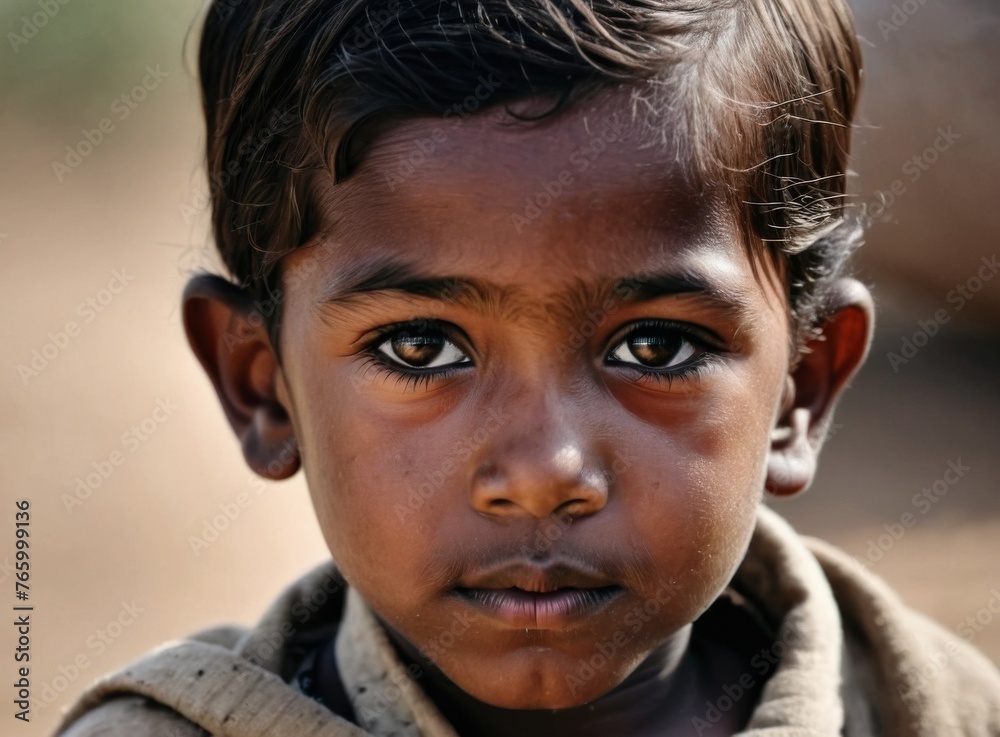 A refugee child looks into the camera A refugee child looks into the camera