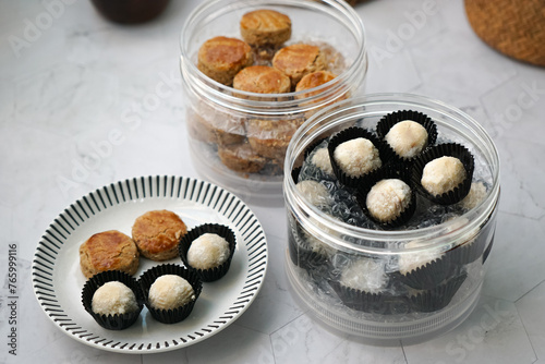 Popular cookies in Malaysia during celebration of Eid Mubarak (Hari Raya) on white background and selective focus. photo