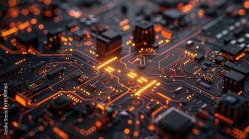 A high-resolution image of a complex, electronic circuit board, showcasing the intricate paths and components