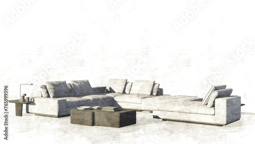 A white couch and a coffee table are shown in a room