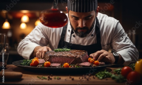 Gourmet chef preparing beef steak in the kitchen