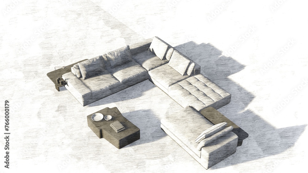 A white couch and a coffee table are shown in a room A white couch and a coffee table are shown in a room