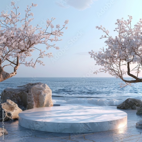 3D Blender creation of an empty podium on a beach in winter soft snow photo