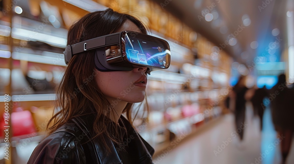 A consumer using AR glasses to view virtual products in a real-world store setting blending digital and physical shopping in a clean A consumer using AR glasses to view virtual products in a real-world store setting blending digital and physical shopping in a clean