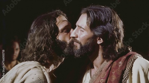 The kiss of judas: dramatic portrayal captures biblical betrayal, tension, and conflict as judas iscariot betrays jesus with a kiss, symbolizing spiritual depth and iconic christian symbolism