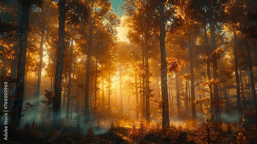 A forest where the trees are luminescent casting a soft glow