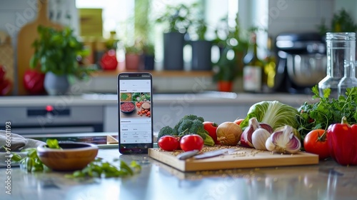 A smartphone app displaying a personalized nutrition plan set on a kitchen counter with fresh