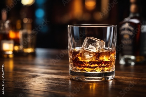 Glass of alcoholic whiskey with ice cubes on wooden bar table © free