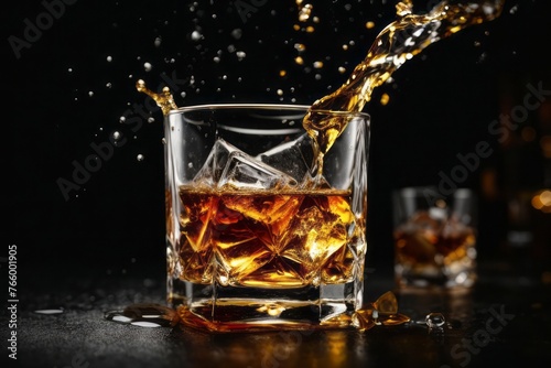 Glass of whiskey alcohol splash with ice cubes on black background