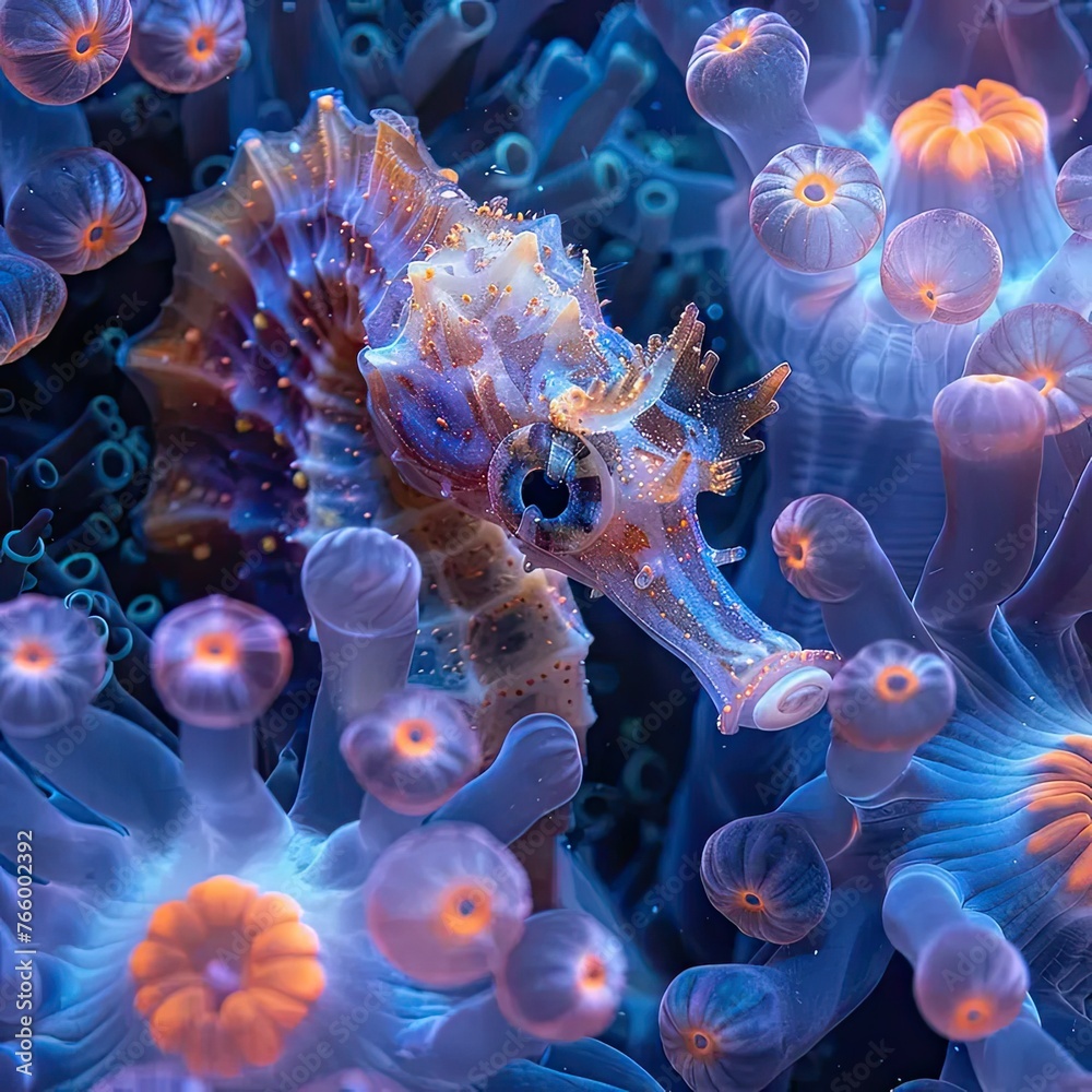 Obraz premium a close up of a sea horse on a coral