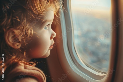 Back view of young child on the airplane open the window with curiosity. Travel concept