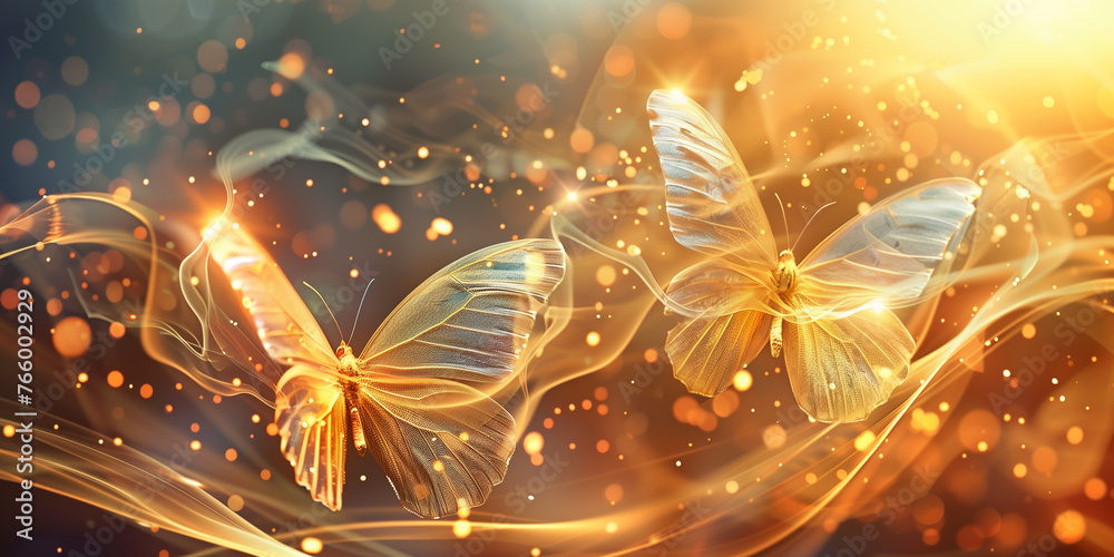 Butterfly illustration with Transparent and golden line  and backlight - obrazy, fototapety, plakaty 