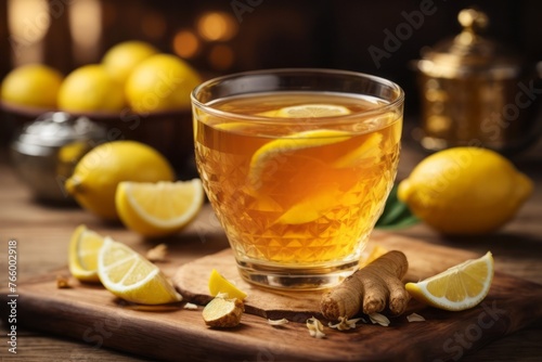 Ginger tea with lemon and honey on wooden table, traditional drink