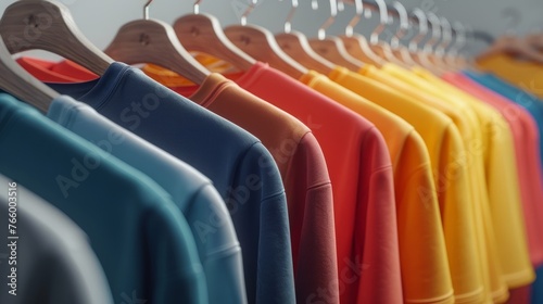 Multicolored t-shirts on hangers in a store clothing concept