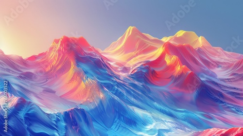 Colorful digital artwork of a mountain range bathed in neon colors, a fusion of natural forms with a futuristic, digital aesthetic.3d rendering © saichon