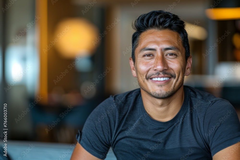 A man with a mustache is smiling and wearing a black shirt A man with a mustache is smiling and wearing a black shirt
