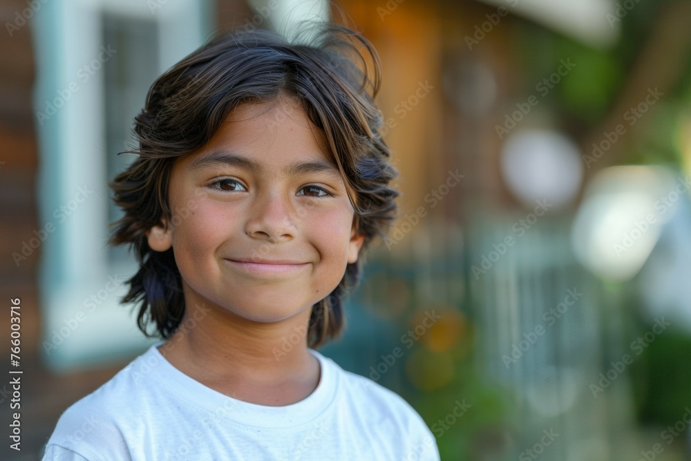 A young boy with long hair is smiling at the camera