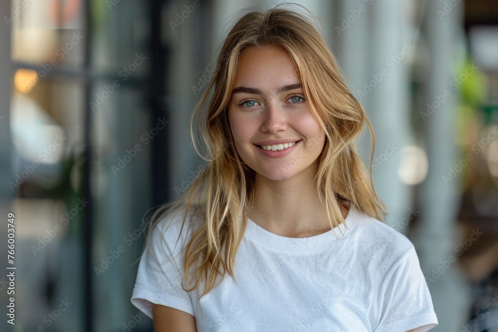 A woman with blonde hair and a white shirt is smiling