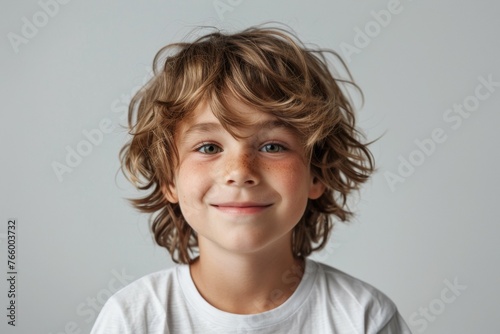 A young boy with short hair and a white shirt is smiling
