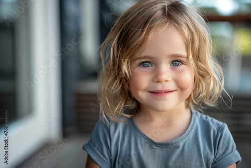 A young girl with blonde hair and blue eyes is smiling and wearing a blue shirt