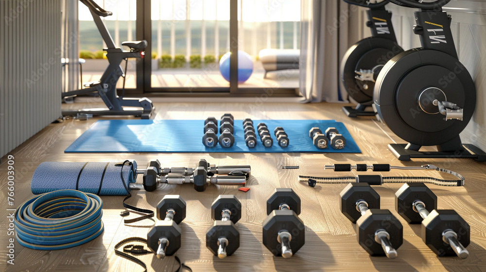 Fototapeta premium Neatly Arranged Fitness Equipment in a Home Gym