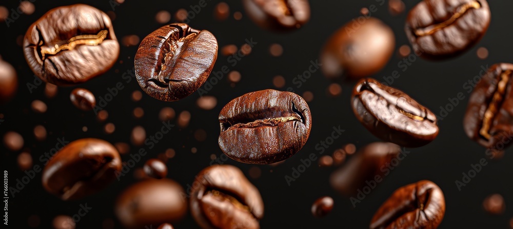 Roasted coffee beans levitating in air on dark background, motion of flying coffee beans Roasted coffee beans levitating in air on dark background, motion of flying coffee beans