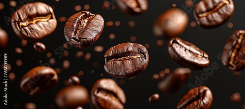 Roasted coffee beans levitating in air on dark background, motion of flying coffee beans