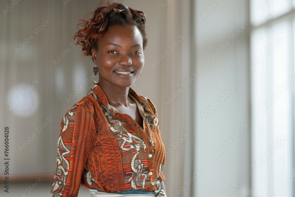 A woman with a smile on her face is wearing a colorful shirt A woman with a smile on her face is wearing a colorful shirt