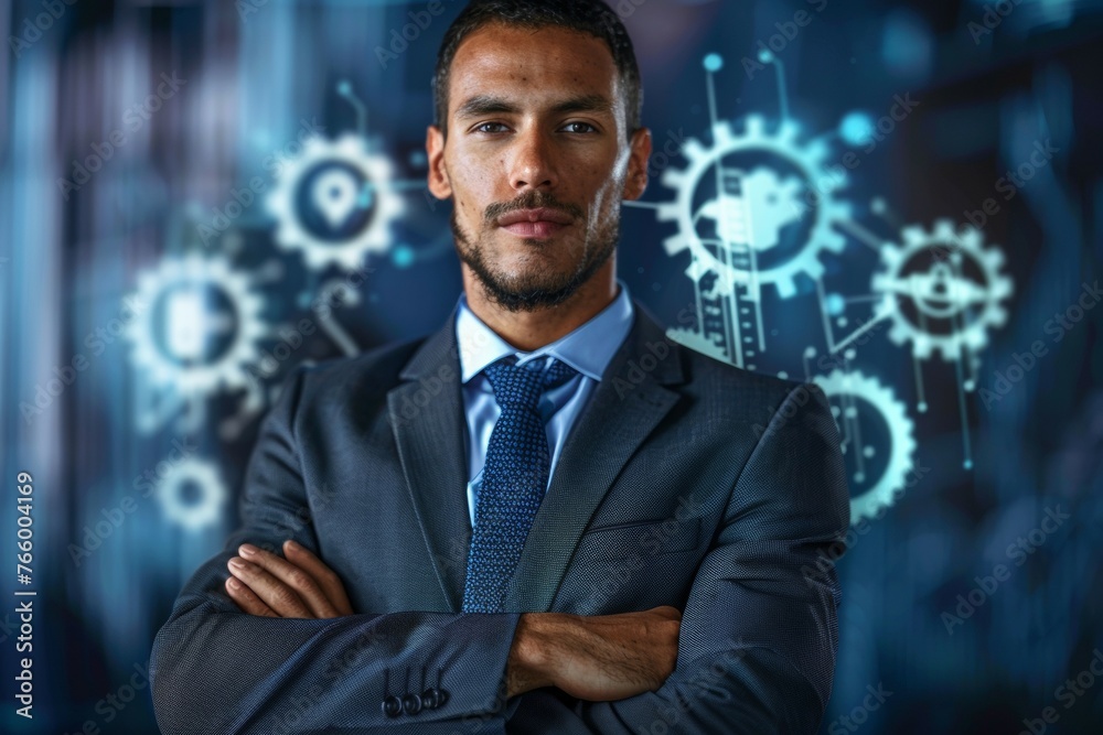 A man in a suit is standing in front of a computer screen with a lot of gears A man in a suit is standing in front of a computer screen with a lot of gears
