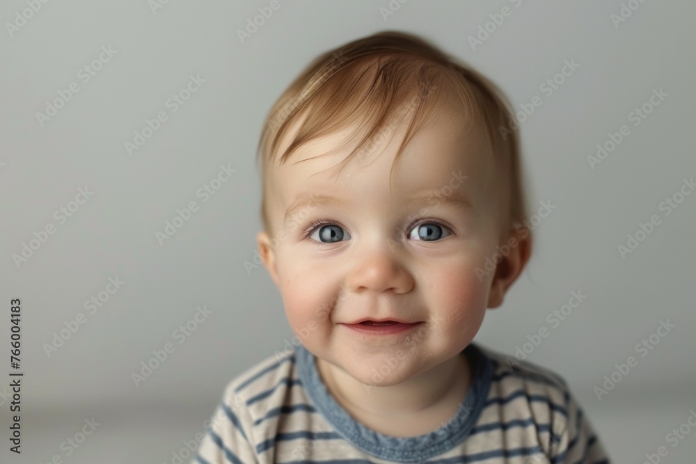 A baby with a blue and white striped shirt is smiling A baby with a blue and white striped shirt is smiling
