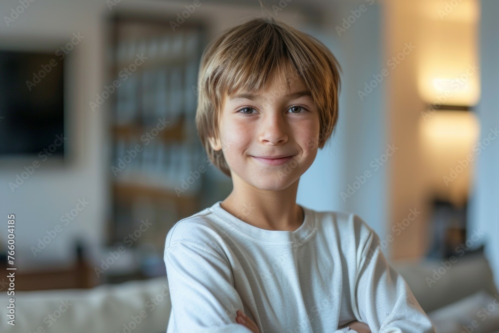 A young boy with blonde hair is smiling and posing for a picture A young boy with blonde hair is smiling and posing for a picture