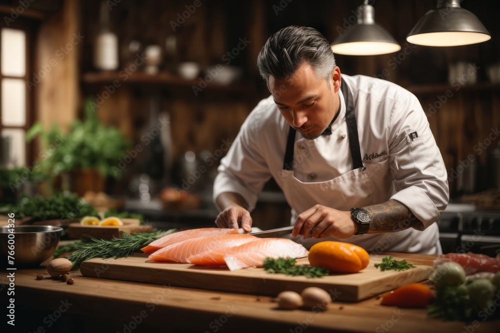 male chef cutting raw fish on wooden table in kitchen