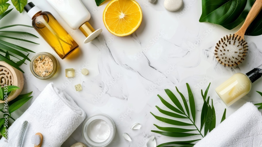 Eco friendly spa accessories on white background with ample space for text placement Eco friendly spa accessories on white background with ample space for text placement