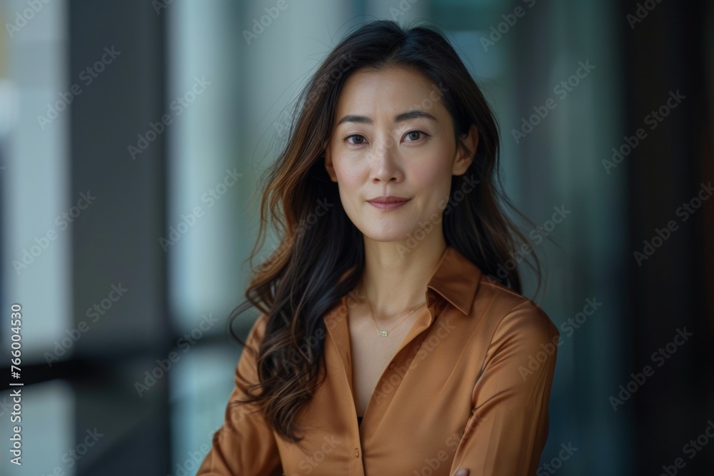 A woman with long brown hair and a brown shirt is posing for a photo A woman with long brown hair and a brown shirt is posing for a photo