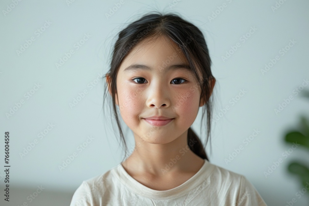 A young girl with a ponytail and a white shirt is smiling A young girl with a ponytail and a white shirt is smiling