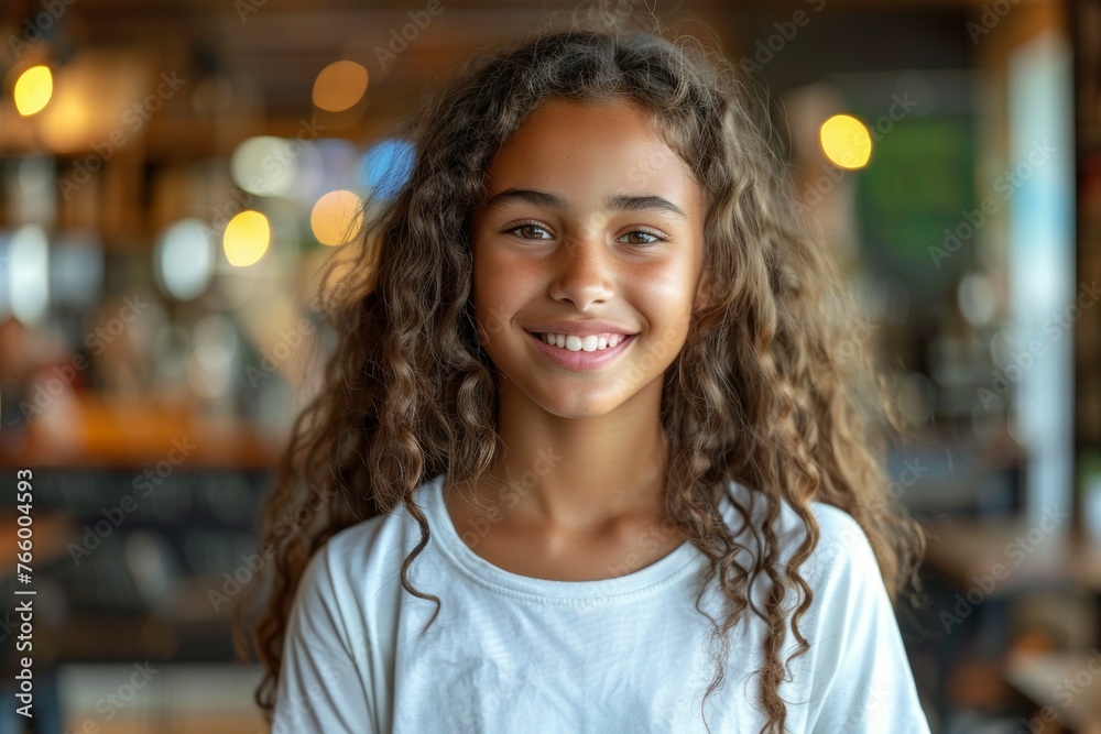 A young girl with long hair is smiling at the camera A young girl with long hair is smiling at the camera