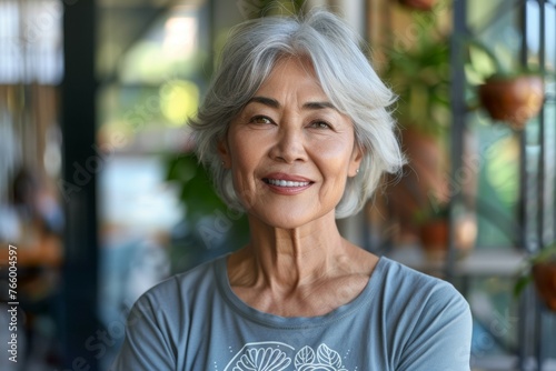 A woman with a gray head of hair is smiling and wearing a blue shirt