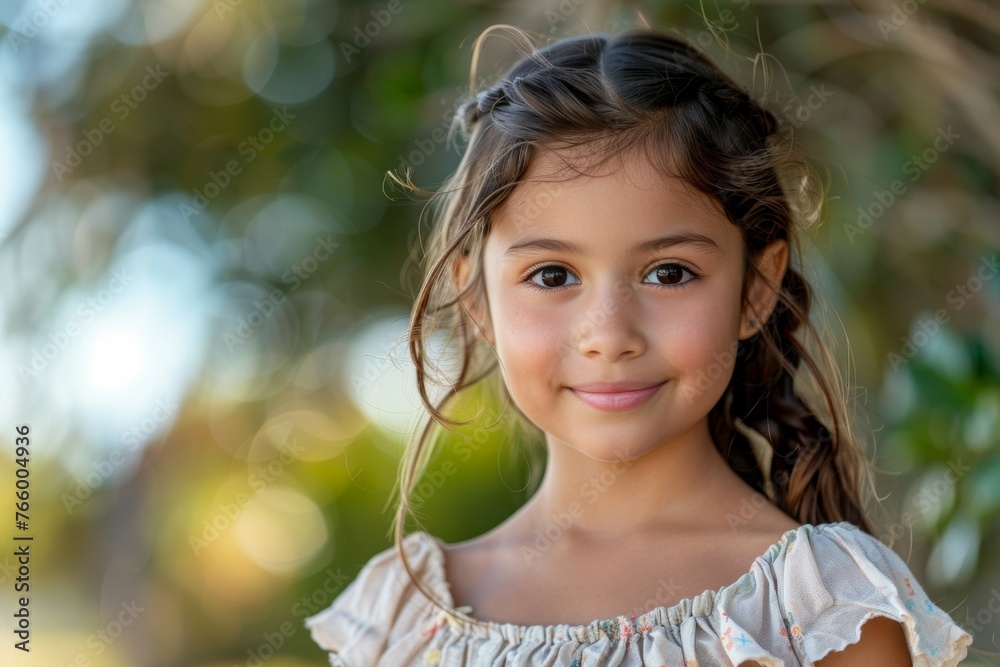 A young girl with long hair and a white dress is smiling A young girl with long hair and a white dress is smiling