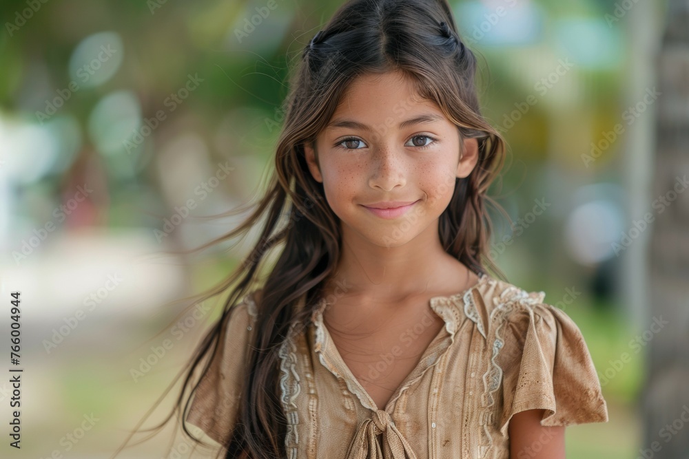 A young girl with long brown hair and a tan dress is smiling A young girl with long brown hair and a tan dress is smiling
