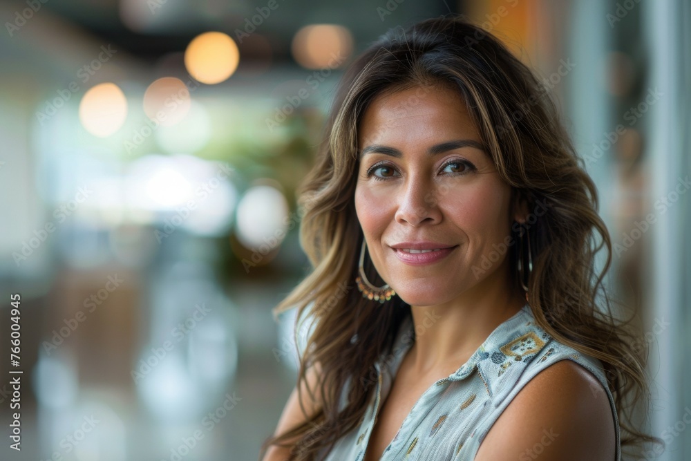 A woman with long brown hair and earrings is smiling for the camera A woman with long brown hair and earrings is smiling for the camera