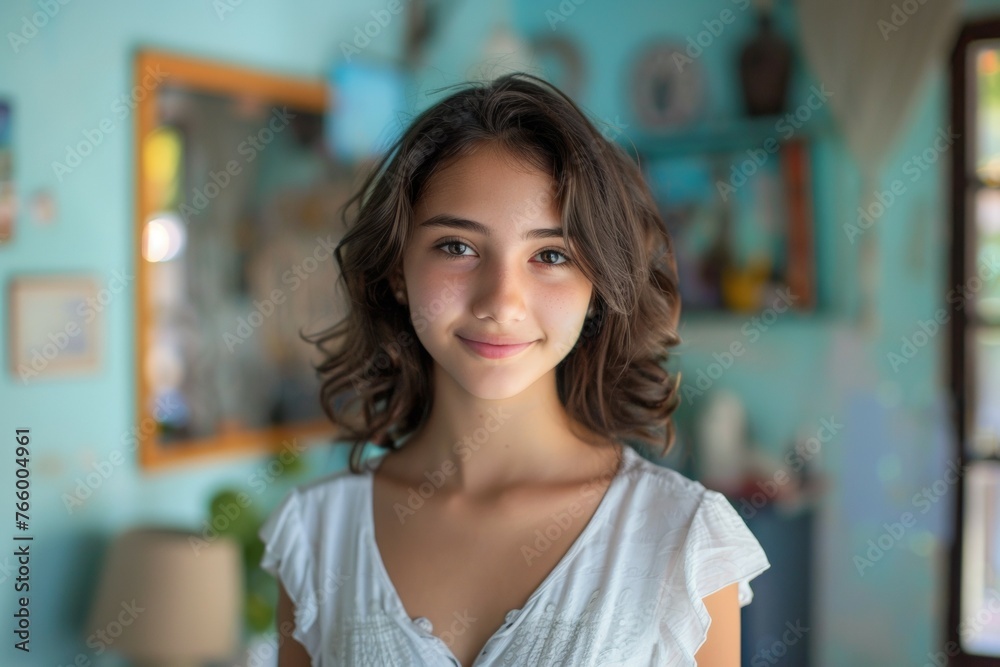 Obraz premium A young woman with brown hair and a white shirt is smiling at the camera